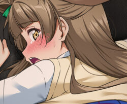 1boy 1girl blush brown_hair close-up hand_on_another&#039;s_head long_hair looking_back love_live! love_live!_school_idol_project lying minami_kotori on_stomach open_mouth otonokizaka_school_uniform restrained school_uniform sweat tearing_up teeth upper_teeth_only yellow_eyes yopparai_oni