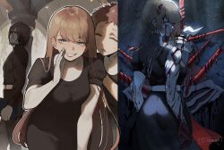 1boy 2girls aged_down blood blood_on_face bloodlight_(nyantcha) breasts demon gloves grin highres injury long_hair multiple_girls nun nyantcha original pixie_cut smile teeth textless_version toned tonia_(nyantcha) torn_clothes white_gloves
