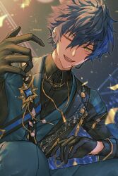 Rule 34 | 1boy, absurdres, arm on thigh, artist name, backlighting, black gloves, black shirt, blurry, collared shirt, commentary request, depth of field, ensemble stars!, gloves, green jacket, green pants, grin, hair between eyes, hand up, highres, idol, jabe0000, jacket, leaning forward, light blush, looking at viewer, male focus, one eye closed, pants, sazanami jun, shirt, short hair, smile, solo, squatting, teeth, tsurime, upper teeth only, yellow eyes, yellow light