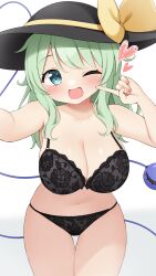 1girl absurdres black_bra black_hat black_panties blush bra breasts cleavage commission green_eyes green_hair green_sailor_collar hat hat_ribbon highres komeiji_koishi large_breasts long_hair looking_at_viewer one_eye_closed open_mouth panties pixiv_commission ribbon sailor_collar simple_background smile solo suwa_yasai third_eye touhou underwear underwear_only white_background yellow_ribbon