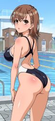 Rule 34 | 1girl, alternate breast size, ass, blue one-piece swimsuit, blush, breasts, brown eyes, brown hair, competition swimsuit, covered erect nipples, from behind, frozen gingasan, hair ornament, hand on lap, hand on own leg, hand on own thigh, highleg, highleg one-piece swimsuit, highres, large breasts, looking at viewer, looking back, misaka mikoto, multicolored swimsuit, one-piece swimsuit, open mouth, outdoors, pool, shiny skin, short hair, solo, standing, swimsuit, toaru kagaku no railgun, toaru majutsu no index, tokiwadai school swimsuit, tongue, two-tone one-piece swimsuit, two-tone swimsuit