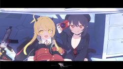 2girls :q black_hair black_jacket black_shoes blonde_hair blue_archive breasts camera chiaki_(blue_archive) cleavage gun halo hello-ghiblisan highres holding holding_camera horns ibuki_(blue_archive) jacket long_sleeves medium_breasts multiple_girls open_mouth red_eyes shoes sparkling_eyes stuffed_toy table tongue tongue_out under_table weapon wings yellow_eyes yellow_halo