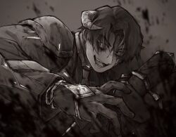 Rule 34 | 1boy, armor, blood, blood on clothes, blood on face, e.g.o (project moon), employee (project moon), formal clothes, gem, gloves, gold rush (e.g.o), gold trim, hair intakes, highres, horns, jacket, lobotomy corporation, long sleeves, nugget (project moon), open mouth, parted bangs, pauldrons, project moon, shoulder armor, smile, solo, suit, yatsumeunagi