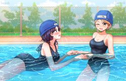 2girls betock blonde_hair blue_one-piece_swimsuit blush breasts cameltoe cleavage commentary_request day fence highres holding_hands low_twintails medium_breasts multiple_girls one-piece_swimsuit one_eye_closed open_mouth original outdoors purple_eyes purple_hair short_hair swim_cap swimming swimsuit twintails wet yellow_eyes