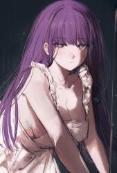 1girl apron bare_shoulders black_background blunt_bangs breasts cleavage closed_mouth commentary english_commentary fern_(sousou_no_frieren) frills highres large_breasts leaning_forward looking_at_viewer moku_(muooku) naked_apron pout purple_eyes purple_hair simple_background solo sousou_no_frieren straight_hair white_apron