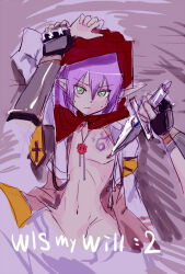 2boys arch_bishop_(ragnarok_online) brown_coat closed_mouth coat commentary_request green_eyes hair_between_eyes hood hood_up jacket long_bangs looking_at_viewer male_focus multiple_boys navel nipples open_clothes open_coat open_jacket pointy_ears pov pov_hands purple_hair ragnarok_online red_hood short_hair stalker_(ragnarok_online) upper_body white_jacket yaoi yukimushi