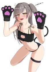 1girl alternate_costume animal_hands black_bra blush bra brown_eyes brown_hair cat_lingerie cat_paws cat_tail collarbone commentary fake_tail fang flat_chest full_body girls&#039;_frontline gloves hair_intakes hands_up highres kneeling long_hair looking_at_viewer meme_attire navel one_side_up open_mouth paw_gloves scar scar_across_eye scar_on_face simple_background skindentation smile solo tail thigh_strap ump45_(girls&#039;_frontline) underwear white_background yuzuu