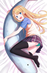 Rule 34 | 1girl, absurdres, black thighhighs, blonde hair, blue eyes, blue shirt, blush, braid, braided bangs, colored eyelashes, eyelashes, feet, full body, green panties, hair spread out, happy, highres, hugging object, long hair, long sidelocks, looking at viewer, lying, miniskirt, no shoes, on bed, on side, open mouth, original, panties, pantyshot, pleated skirt, polka dot, polka dot panties, purple skirt, shirt, short sleeves, sidelocks, skirt, smile, solo, stuffed whale, sweater vest, thighhighs, underwear, urushiushiru, yellow sweater vest, zettai ryouiki