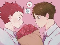 ! 2boys ? bouquet brown_eyes brown_hair closed_mouth collared_shirt commentary_request flower haikyuu!! heart koutya09 leaf looking_at_flowers male_focus multiple_boys necktie nervous_sweating pink_background profile purple_necktie red_flower red_hair red_rose rose sanpaku school_uniform shirt short_hair simple_background speech_bubble spiked_hair spoken_exclamation_mark spoken_heart spoken_question_mark sweat sweatdrop tendou_satori upper_body ushijima_wakatoshi white_shirt wing_collar yaoi