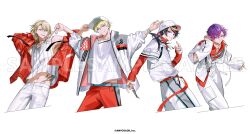 Rule 34 | 4boys, :d, alternate costume, aqua belt, arm behind head, arm cutout, bare shoulders, baseball cap, belt, belt charm, black hair, blonde hair, bucket hat, chain, chain necklace, charm (object), checkered clothes, checkered jacket, chest tattoo, closed mouth, collarbone, copyright notice, cropped legs, dog tags, earrings, grin, hair between eyes, hair ornament, hairclip, hand on headwear, hand up, hat, heterochromia, highres, horizontal-striped thighhighs, itefu, jacket, jewelry, layered sleeves, leaning forward, lineup, long belt, long hair, long sleeves, looking at viewer, looking to the side, low ponytail, luca kaneshiro, male focus, medium hair, midriff peek, mole, mole on neck, multicolored hair, multiple boys, multiple rings, nail polish, necklace, necklace pull, nijisanji, nijisanji en, official art, open clothes, open collar, open jacket, open mouth, outstretched arm, pants, parted lips, pinching sleeves, pink nails, ponytail, print jacket, purple eyes, purple hair, red belt, red jacket, red pants, red shirt, ring, sample watermark, shirt, short hair, short over long sleeves, short sleeves, shoulder belt, shu yamino, simple background, smile, sonny brisko, stomach tattoo, streaked hair, swept bangs, t-shirt, tank top, tattoo, teeth, triangle earrings, tucking hair, turtleneck, uki violeta, upper teeth only, virtual youtuber, watermark, white background, white belt, white hat, white jacket, white pants, white tank top, wing collar, zipper, zipper pull tab