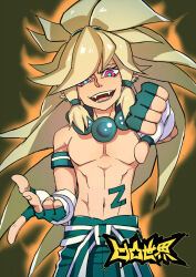 1boy abs aotu_world armband aura bead_necklace beads blonde_hair copyright_name earrings fangs fingerless_gloves gloves green_gloves green_pants jewelry long_hair looking_at_viewer low-tied_sidelocks male_focus multicolored_gloves navel necklace official_art open_mouth pants pectorals pelley_(aotu_world) pink_eyes pointy_ears ponytail qi_chuang_she sidelocks smile solo stomach_tattoo tattoo teeth third-party_source thumbs_down topless_male very_long_hair white_gloves