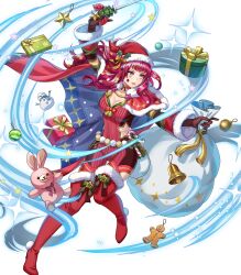 1girl attack blue_cape bodysuit boots breasts cape cleavage doll fire_emblem fire_emblem_engage fire_emblem_heroes gift hair_ornament hat highres holding holding_sack holly holly_hair_ornament ice_pick katze-reis-kuchen--nyankoromochi long_hair medium_breasts multicolored_cape nintendo non-web_source official_alternate_costume official_art open_mouth parted_lips red_bodysuit red_boots red_cape red_hair sack santa_hat simple_background solo star_(symbol) star_hair_ornament star_print thigh_boots v-shaped_eyebrows white_background yunaka_(fire_emblem) yunaka_(spirited_envoy)_(fire_emblem)