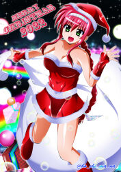 1girl :d amitie_florian bare_shoulders boots braid braided_ponytail breasts christmas dress english_text floating fur-trimmed_dress fur-trimmed_gloves fur_trim gift gloves green_eyes hairband half_gloves hat highres holding holding_sack light_particles long_hair looking_at_viewer lyrical_nanoha medium_breasts merry_christmas microdress open_mouth rainbow rappasan05 red_boots red_dress red_gloves red_hair red_headwear sack santa_boots santa_costume santa_dress santa_gloves santa_hat sidelocks single_braid smile solo sparkle standing strapless strapless_dress twitter_username very_long_hair waving white_hairband