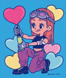 1girl ;q air_pump armband artist_name balloon bare_shoulders black_shirt black_shoes blue_background blush commentary_request copyright_notice crop_top dated eyelashes full_body gloves goggles goggles_on_head grey_gloves heart heart_balloon highres holding long_hair midriff natsumi_color navel on_one_knee one_eye_closed orange_hair original pants polka_dot polka_dot_background purple_pants shirt shoes signature sleeveless sleeveless_shirt smile solo thick_eyebrows tongue tongue_out white_armband