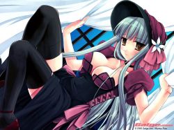 00s 1girl 2006 bed black_dress black_thighhighs blush bonnet breasts brown_eyes cleavage clothes_lift corset curtain_grab curtains dated dress dress_lift galge.com gothic_lolita large_breasts lolita_fashion long_hair looking_at_viewer lying miyasu_risa open_mouth original pink_headwear puffy_sleeves red_footwear shirt shoes short_sleeves silver_hair source_request stocks thighhighs window yellow_eyes