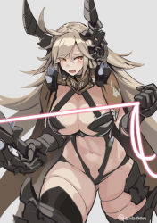 1girl ahoge armor bikini_armor blonde_hair boots breasts cape cleavage commentary_request cowboy_shot cuboon energy_whip eyes_visible_through_hair fang faucre_the_evil_overlord gauntlets grey_background hair_between_eyes headpiece holding holding_weapon holding_whip horns large_breasts last_origin long_hair navel open_mouth orange_eyes pauldrons revealing_clothes shoulder_armor shoulder_spikes simple_background sketch solo spikes string_bra tearing_up teeth thigh_boots thighhighs tongue twitter_username weapon