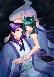 Rule 34 | 1boy, 1girl, ass, barefoot, blue eyes, breasts, cave, chinese clothes, closed mouth, collarbone, double bun, dress, eyebrows hidden by hair, feet, flower, green flower, green hair, hair bun, hair flower, hair ornament, half updo, highres, jinshi (kusuriya no hitorigoto), kusuriya no hitorigoto, long hair, looking at viewer, lying, maomao (kusuriya no hitorigoto), meisaki, on back, on side, pink dress, purple eyes, purple hair, rock, short dress, single hair bun, small breasts, smile, thighs