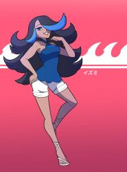 1girl alternate_costume bare_arms black_hair blue_eyes breasts character_name commission dark-skinned_female dark_skin eyeshadow full_body hair_over_one_eye makeup medium_breasts nintendo pokemon pokemon_oras red_background red_lips shelly_(pokemon) shorts solo team_aqua teeth vergolophus white_shorts
