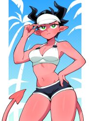 1girl 333_(dqqqdle) bare_arms black_shorts blue_background breasts cleavage closed_mouth colored_skin cowboy_shot demon_girl demon_horns demon_tail earrings green_eyes hat highres horns jewelry large_breasts navel original pointy_ears red_skin shiny_skin shorts solo stomach tail white_background white_hat white_shorts