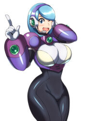 Rule 34 | 1girl, absurdres, android, blue hair, blush, breasts, highres, kotatuman dash, large breasts, luna (mega man), mega man (series), mega man maverick hunter x, mega man x (series), short hair, smile