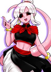 1girl android_21 black_nails black_sclera bracelet chi-chi_(dragon_ball) chi-chi_(dragon_ball)_(cosplay) chinese_clothes colored_sclera colored_skin cosplay crop_top dragon_ball dragon_ball_fighterz dragonball_z earrings einohire0085 fang hair_bun hoop_earrings jewelry majin_android_21 midriff navel neckerchief open_mouth pink_skin red_eyes red_neckerchief red_sash sash short_hair solo tail white_hair