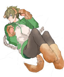 1boy animal_collar animal_ears animal_hands black_pants blonde_hair blue_eyes chain closed_mouth collar commentary_request dog_ears dog_tail full_body gloves green_collar green_jacket hair_between_eyes idolmaster idolmaster_side-m jacket kashiwagi_tsubasa looking_at_viewer lying nana_tetra on_back pants paw_gloves paw_shoes short_hair simple_background solo tail white_background