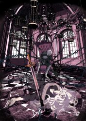 Rule 34 | 2boys, armor, armored boots, belt, birdcage, black cape, black flower, black gloves, black pants, black robe, black rose, black shirt, blue headband, boots, breastplate, brown belt, cage, cape, chain, checkered floor, commentary, crack, cracked floor, edoya inuhachi, falling petals, fingerless gloves, flower, full body, gloves, grey scarf, hand on own head, hand on own knee, headband, highres, indoors, lamp, ligne claire, long hair, long sleeves, looking at viewer, lying, madou monogatari, madou monogatari ars, male focus, multiple boys, on ground, open mouth, pants, parted bangs, petals, planted, planted sword, planted weapon, pointy ears, puyopuyo, reflective floor, robe, rose, rubble, runelord (madou monogatari), scarf, schezo wegey, shirt, short hair, sitting, sitting on throne, smile, sword, throne, very long fingernails, very long hair, weapon, white hair, window