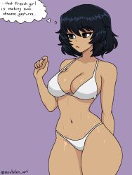 1girl andou_(girls_und_panzer) arm_behind_back bikini black_hair breasts cleavage collarbone cowboy_shot curvy dark-skinned_female dark_skin english_text frown girls_und_panzer grey_eyes half-closed_eyes hand_up index_finger_raised light_frown lips medium_breasts navel nevtelen purple_background short_hair simple_background solo speech_bubble swept_bangs swimsuit tan thought_bubble twitter_username watermark white_bikini