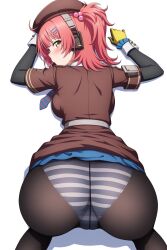 1girl all_fours ass ass_focus backboob beret blush breasts candy cheeta_(girls&#039;_frontline_2) food from_above from_behind girls&#039;_frontline girls&#039;_frontline_2:_exilium gloves green_eyes hair_bobbles hair_ornament hat highres huge_ass lollipop long_hair looking_at_viewer looking_back medium_breasts military_uniform miniskirt mouth_hold mp7_(girls&#039;_frontline) panties panties_under_pantyhose pantyhose pink_hair raygun19 side_ponytail sideboob skirt skirt_flip solo top-down_bottom-up underwear
