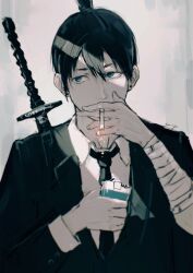 1boy absurdres bandaged_arm bandages black_hair black_jacket black_necktie blue_eyes chainsaw_man cigarette cigarette_pack collared_shirt hayakawa_aki highres holding holding_cigarette holding_cigarette_pack jacket male_focus necktie shirt smoking solo suit_jacket sword topknot weapon white_shirt yautja