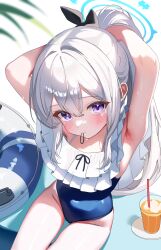 1girl absurdres adjusting_hair armpits arms_behind_head blue_archive blue_halo blue_one-piece_swimsuit blurry casual_one-piece_swimsuit commentary_request covered_navel cup depth_of_field drawing_flover drinking_glass drinking_straw frilled_one-piece_swimsuit frills from_above hair_between_eyes hair_intakes halo highres looking_at_viewer miyako_(blue_archive) miyako_(swimsuit)_(blue_archive) mouth_hold off-shoulder_one-piece_swimsuit off_shoulder official_alternate_costume one-piece_swimsuit ponytail purple_eyes sitting solo swimsuit thighs white_hair