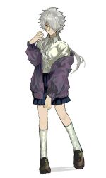 1girl brown_eyes chin_boooooooo collared_shirt fate/grand_order fate_(series) full_body galahad_(fate) genderswap genderswap_(mtf) grey_hair hair_over_one_eye highres jacket long_hair looking_at_viewer shirt shoes simple_background skirt socks solo standing white_background white_shirt