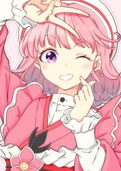 ;) akagi_yuina beret flower frilled_sleeves frills hat highres japanese_clothes kimono light_blush long_sleeves looking_at_viewer maebashi_witches mono9ron obi one_eye_closed pink_background pink_hair pink_kimono sash shirt simple_background smile solo v v_over_head white_hair white_shirt