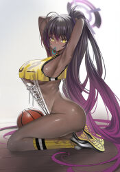1girl absurdres alternate_costume arched_back armpits arms_up ass ball bare_arms bare_shoulders basketball_(object) blue_archive blush breasts dark-skinned_female dark_skin from_side full_body gradient_hair hair_tie_in_mouth highres karin_(blue_archive) kneehighs kneeling large_breasts long_hair looking_at_viewer looking_to_the_side mouth_hold multicolored_hair ponytail purple_hair socks solo teddypocky thighs tying_hair very_long_hair white_background white_socks wooden_floor yellow_eyes