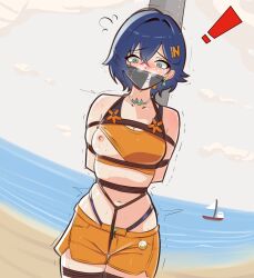 1girl absurdres bdsm beach belle_(summer_skies)_(zenless_zone_zero) belle_(zenless_zone_zero) blue_eyes blue_hair bondage bondoinc bound bound_arms bound_legs breasts choker cleavage collarbone crop_top crop_top_lift crotch_rope crying crying_with_eyes_open gag gagged highres improvised_gag medium_breasts medium_hair navel ocean outdoors peril shibari shibari_over_clothes shirt skindentation sky solo standing stomach tape tape_gag tears thigh_gap zenless_zone_zero