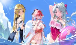 3girls absurdres ahoge arm_behind_head arm_under_breasts arm_up ass bare_shoulders black_bow black_collar black_dress blue_eyes blue_sky blush body_markings bow breasts carlotta_(splashing_summer)_(wuthering_waves) carlotta_(wuthering_waves) cartethyia_(wuthering_waves) casual_one-piece_swimsuit changli_(laurel_nymph)_(wuthering_waves) changli_(wuthering_waves) cleavage closed_mouth collar colored_extremities commentary crown_of_thorns day dress earrings finger_to_mouth flower frilled_one-piece_swimsuit frills grey_hair hair_between_eyes hair_bow hair_extensions hair_flower hair_ornament hand_up head_wreath highleg highleg_one-piece_swimsuit highres hiromi_two holding holding_swim_ring innertube jewelry large_breasts long_hair looking_at_viewer medium_breasts multicolored_hair multiple_girls off-shoulder_one-piece_swimsuit off_shoulder official_alternate_costume one-piece_swimsuit orange_eyes outdoors parted_bangs parted_lips phoebe_(wuthering_waves) pink_bow pink_dress pink_hair pink_one-piece_swimsuit pointy_ears red_hands remnant_cube_(wuthering_waves) ring_hair_extensions sidelocks sky smile striped_bow swim_ring swimsuit symbol-only_commentary thighlet thighs two-tone_hair white_flower white_hair wuthering_waves