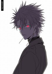 1boy black_jacket black_shirt chinese_commentary closed_mouth commentary_request earrings english_text glaring glowing glowing_eyes grey_hair grid_background highres jacket jewelry long_sleeves looking_at_viewer looking_back male_focus monochrome muted_color r2load red_eyes saibou_shinkyoku shirt short_hair solo theodore_riddle upper_body white_background