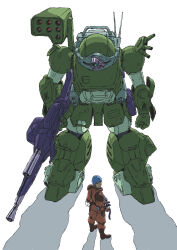 Rule 34 | 1boy, armored trooper, blue hair, chirico cuvie, full body, gun, highres, mecha, mecha focus, missile pod, pilot suit, rifle, robot, science fiction, scopedog, soukou kihei votoms, weapon, yashima (ds-drive)
