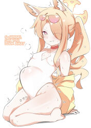 1girl absurdres animal_ear_fluff animal_ears bare_legs bare_shoulders barefoot blue_archive breasts covered_erect_nipples covered_navel cross_halo diamond_cutout english_text extra_ears eyes_visible_through_hair eyewear_on_head fox_ears fox_girl hair_over_one_eye half-closed_eyes halo heavy_breathing highleg highleg_one-piece_swimsuit highres jacket kududama loli long_hair long_sleeves looking_at_viewer off_shoulder official_alternate_costume official_alternate_hairstyle one-piece_swimsuit parted_lips pink-tinted_eyewear pink_eyes seia_(blue_archive) seia_(swimsuit)_(blue_archive) seiza side_ponytail simple_background sitting small_breasts solo stomach_bulge sunglasses sweat swimsuit teeth thighs tinted_eyewear trembling very_long_hair visor_cap white_background white_one-piece_swimsuit wince yellow_halo yellow_jacket yellow_visor