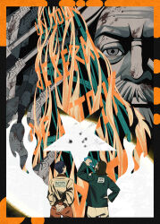 3boys 8er8er1s absurdres arms_behind_back black_hair brown_pants disco_elysium facial_hair flashlight glasses green_jacket hand_on_own_hip harry_du_bois highres holding holding_flashlight jacket kim_kitsuragi male_focus medium_hair multiple_boys mustache own_hands_clasped own_hands_together pants short_hair sideburns upper_body yellow_jacket