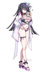 1girl abigail_(black_survival) absurdres armpits bare_legs bare_shoulders bikini black_bikini black_hair black_survival breasts character_doll choker cleavage colored_inner_hair commentary crossed_legs doll dr._nadja eternal_return:_black_survival eyewear_on_head flower full_body gradient_hair green_eyes hair_flower hair_ornament hand_on_own_hip heart heart-shaped_eyewear highres jacket key large_breasts layered_bikini long_hair long_sleeves looking_at_viewer multicolored_bikini multicolored_hair navel off_shoulder open_clothes open_jacket parted_lips pink_bikini pink_choker purple_hair sandals simple_background skindentation solo standing stomach streaked_hair sunglasses swimsuit thigh_strap thighs tianqing_mw two-tone_bikini two-tone_hair underboob very_long_hair watson_cross white_background white_jacket
