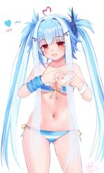 Rule 34 | 1girl, 2025, :d, absurdres, ahoge, aqua hair, bare shoulders, bemani, bikini, blue bikini, blue hair, blush, breast tattoo, breasts, cleavage, collarbone, commentary request, cowboy shot, dated, fang, four-finger heart hands, front-tie bikini top, front-tie top, gluteal fold, hair between eyes, hair intakes, hair ornament, hairclip, halterneck, hands up, happy, heart, heart ahoge, heart hands, highres, ichika (bemani), long hair, looking at viewer, medium breasts, multicolored bikini, multicolored hair, navel, open mouth, red eyes, sichuan luo li, side-tie bikini bottom, sidelocks, signature, simple background, skin fang, smile, solo, sound voltex, stomach, straight hair, streaked hair, striped bikini, striped clothes, swimsuit, tattoo, thighs, twintails, two-tone bikini, two-tone hair, very long hair, white background