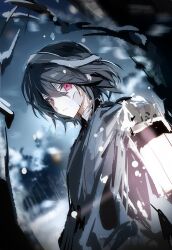 1boy bandaid bandaid_on_cheek bandaid_on_face bare_tree black_hair black_hanfu blue_sky breath character_request chinese_clothes closed_mouth coat commentary expressionless floating_hair forest glowing grey_coat hair_between_eyes hanfu headband highres holding holding_lantern kitakawayui lantern light_frown long_sleeves looking_at_viewer male_focus nature night outdoors pink_eyes short_hair sky snow snowing solo symbol-only_commentary tree upper_body white_headband wind winter wuwei_you_chu_you_hai_wu