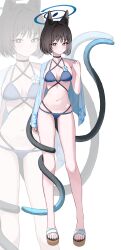 1girl absurdres animal_ears bikini black_choker black_eyes black_hair blue_archive blue_bikini breasts breasts_apart bright_pupils cat_ears cat_girl cat_tail choker closed_mouth criss-cross_halter full_body halo halterneck highres kikyou_(blue_archive) kikyou_(swimsuit)_(blue_archive) long_legs looking_at_viewer medium_breasts multi-strapped_bikini_bottom multi-strapped_bikini_top multiple_tails navel official_alternate_costume sandals seungju short_hair solo stomach string_bikini swimsuit tail tail_around_own_leg thighs two_tails zoom_layer