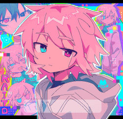 2boys absurdres artist_logo black_eyes black_hair blue_eyes bright_pupils character_name closed_mouth commentary_request expressionless fang hair_between_eyes heterochromia highres hood hood_down hoodie jaggy_lines logo male_focus multiple_boys multiple_views open_mouth original pink_eyes pink_hair raito-kun_(uenomigi) short_hair shou_(uenomigi) smile uenomigi v-shaped_eyebrows white_hoodie white_pupils
