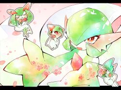 artist_name blush bob_cut closed_eyes colored_skin evolutionary_line flower gallade gardevoir gen_3_pokemon gen_4_pokemon green_hair hair_over_one_eye holding holding_flower horns kirlia multicolored_skin naoto_(shion) nintendo open_mouth pink_eyes pokemon pokemon_(creature) ralts sidelocks two-tone_skin white_skin