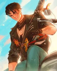 1boy absurdres backlighting black_gloves black_hair black_jacket black_neckerchief bloom blue_eyes blue_pants blue_sky burn_scar chalseu cloud commission day denim dog_tags feet_out_of_frame gloves helmet highres j_(reverse:1999) jacket jeans leather leather_jacket looking_at_viewer male_focus motor_vehicle motorcycle motorcycle_helmet neckerchief on_motorcycle pants reverse:1999 scar scar_on_arm scar_on_face second-party_source short_hair sitting sky smile solo thick_eyebrows unworn_headwear unworn_helmet weapon weapon_on_back