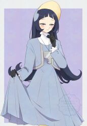 Rule 34 | 1girl, aged up, arched bangs, black gloves, black hair, blush, border, clothes lift, dress, dress lift, gloves, grey background, grey dress, grey eyes, grey jacket, half-closed eyes, hand up, highres, index finger raised, jacket, lifting own clothes, long hair, long sleeves, looking at viewer, nintendo, ohn pkmn, open clothes, open jacket, outside border, pleated dress, pokemon, pokemon sv, poppy (pokemon), solo, visor cap, white border