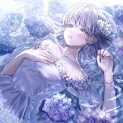 1girl bare_shoulders blush collarbone commentary_request dress flower hair_flower hair_ornament highres long_hair looking_at_viewer nail_polish off-shoulder_dress off_shoulder original parted_lips partially_submerged pink_nails purple_eyes purple_hair sakura_(39ra) short_sleeves solo upper_body white_dress