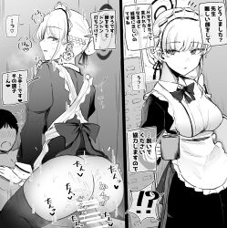 !? 1boy 1girl apron blue_archive blush braid breasts cup greyscale halo heart hetero highres holding holding_cup long_sleeves maid maid_apron maid_headdress medium_breasts monochrome necro_(nekurodayo) open_mouth penis sex short_hair speech_bubble thighhighs toki_(blue_archive) translation_request